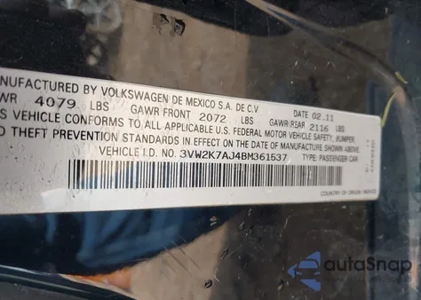 2011 Volkswagen Jetta 2.0L S from USA, damaged, VIN 3VW2K7AJ4BM361537
